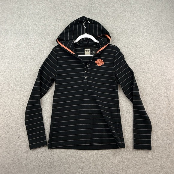 Harley Davidson Hooded Thermal Black Graphic Shirt Hoodie Woman's Medium Top y2k - Picture 2 of 5